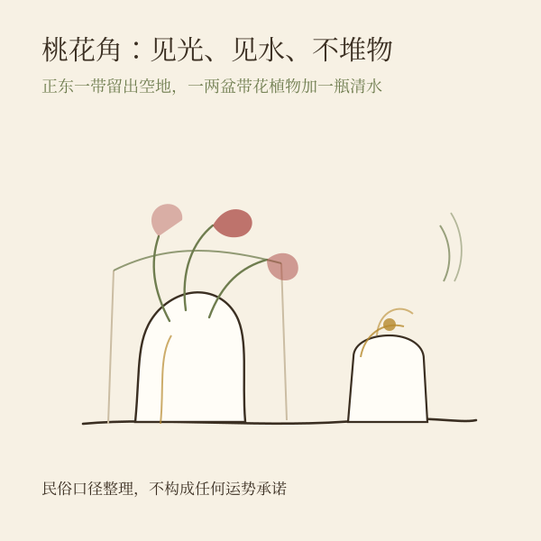 居家桃花角布置示意：活植物、清水、留出不堆物的空间